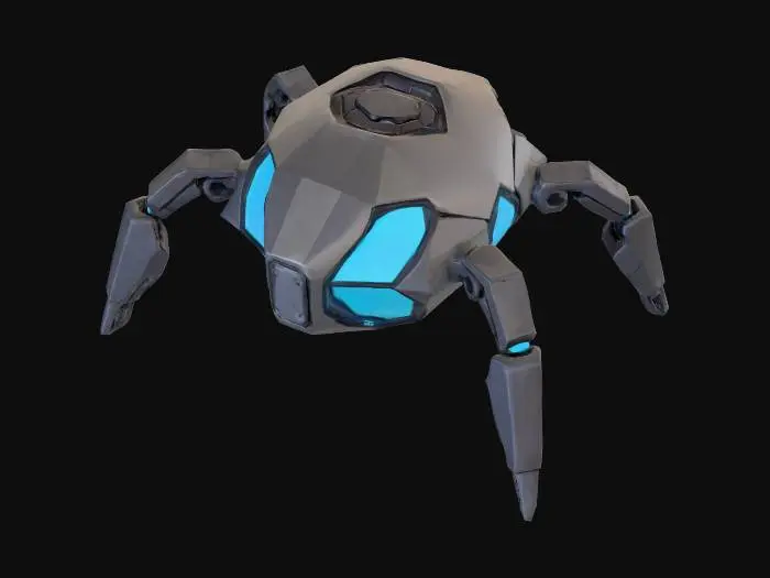 3D model for Düşük poligonlu, silindirik bir nanobot modeli. Gövdesi, belirgin ve keskin kenarlarıyla karakteristik bir 'lowpoly' estetiği sunan, mat gri metalik yüzeylerden oluşur. Silindirin alt kısmında, her biri basit, bloklu segmentlerden meydana gelen dört adet kalın, eklemli bacak taşıyıcısı bulunur. Bacaklar, nanobotun genel köşeli yapısını tamamlar ve ona denge sağlar. Yüzeyde yer yer parlak mavi renkli, dikdörtgen sensör panelleri dikkat çeker. Dokunduğunuzda hafifçe soğuk ve fasetli bir his verir.
