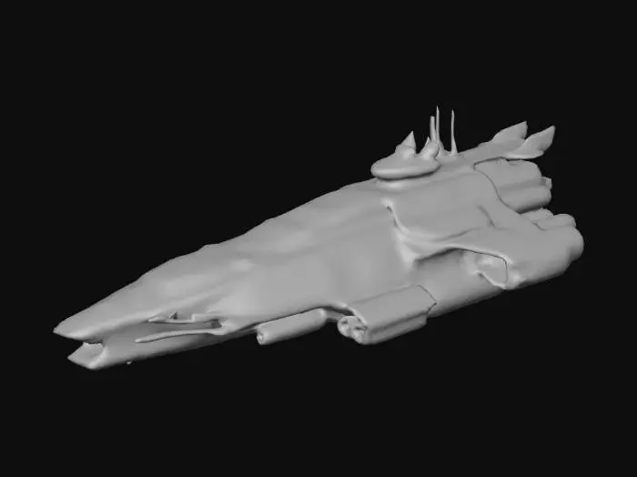 3D model for Keskin hatlara ve ağır zırhlara sahip, yıpranmış bir savaş uzay gemisi modeli. Gövdesi, koyu gri, paslanmaz çelik alaşımından yapılmış olup, üzerinde lazerle oyulmuş detaylar ve çizikler barındırır. Çok sayıda entegre silah kulesi ve koruyucu zırh plakası, gemiye heybetli bir görünüm kazandırır. Motor bölümlerinden yayılan turuncu-kırmızı bir parlaklık, geminin gücünü vurgular. Dokunulduğunda soğuk ve sert, yer yer pürüzlü ve aşınmış bir his verir.