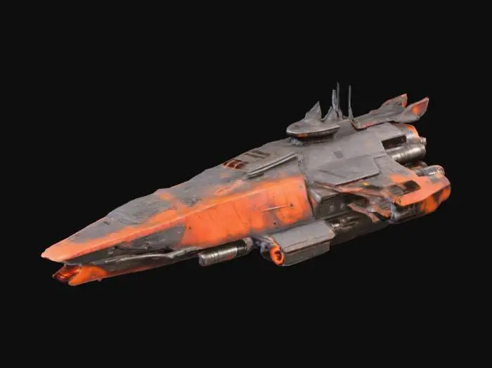 3D model for Keskin hatlara ve ağır zırhlara sahip, yıpranmış bir savaş uzay gemisi modeli. Gövdesi, koyu gri, paslanmaz çelik alaşımından yapılmış olup, üzerinde lazerle oyulmuş detaylar ve çizikler barındırır. Çok sayıda entegre silah kulesi ve koruyucu zırh plakası, gemiye heybetli bir görünüm kazandırır. Motor bölümlerinden yayılan turuncu-kırmızı bir parlaklık, geminin gücünü vurgular. Dokunulduğunda soğuk ve sert, yer yer pürüzlü ve aşınmış bir his verir.