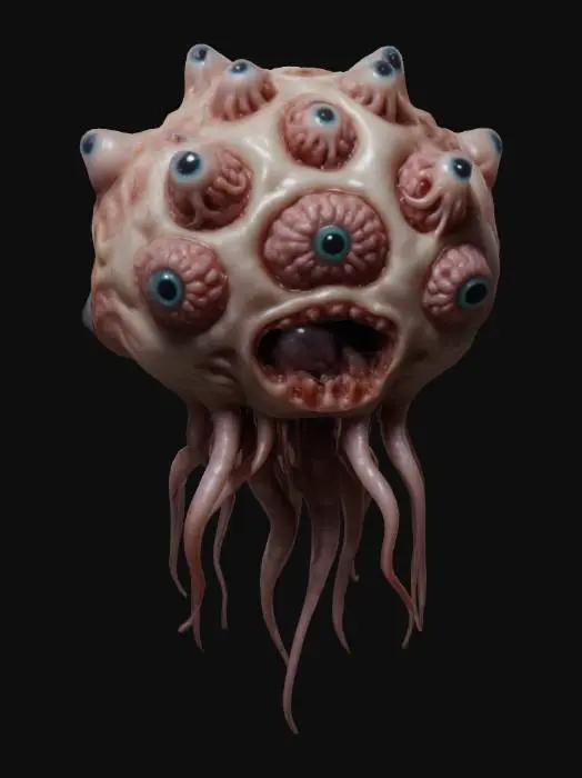 3D model for a blob creature made of flesh brains and eyeballs floating with tentacles