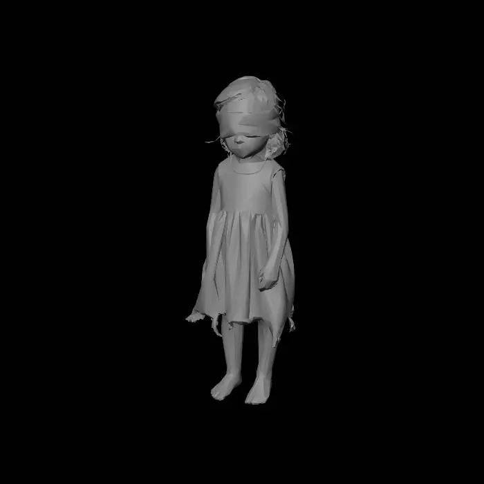 3D model for A cute little girl in Pragmata game style, porcelain-like skin, large expressive features but eyes are completely covered by a wide, grimy, weathered fabric blindfold. She wears a tattered, oversized burlap sack dress. Barefoot, messy hair. Cinematic 3D render, high detail, masterpiece, soft but haunting aesthetic