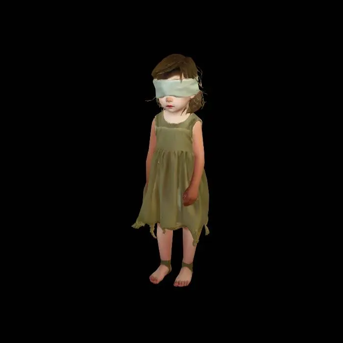 3D model for A cute little girl in Pragmata game style, porcelain-like skin, large expressive features but eyes are completely covered by a wide, grimy, weathered fabric blindfold. She wears a tattered, oversized burlap sack dress. Barefoot, messy hair. Cinematic 3D render, high detail, masterpiece, soft but haunting aesthetic