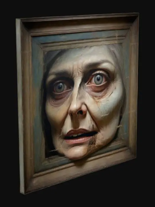 3D model for Страшная старая картина с нарисованным искаженным лицом женщины, с акцентом на глаза 