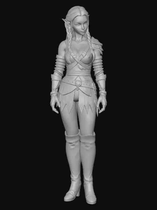3D model for I need a elegant female elf set in medieval times. Average height with shoulder length hair. She is fair skinned and her body is lightly toned. 
Her hair should be light red/blonde with some braiding in the front that attached to the back as it flows down. 
Her face should be eloquent with soft doe eyes and straight eyebrows. Her face is soft and fair. Her eyes are blue/hazel. Her ears are human like but with a small point at the top.
Her breast are D cup. 
her arms are toned
Her waist is slightly wide with her butt having ample look. 
Her legs are long and toned but her thighs are slightly large but match her body. 
She is wearing scantily clad leather armor that covers her body while still revealing her legs, abdomen, and arms.