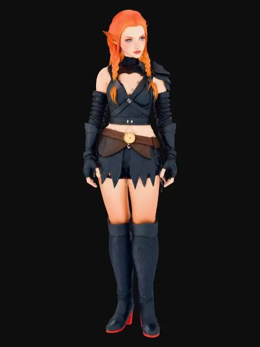 3D model for I need a elegant female elf set in medieval times. Average height with shoulder length hair. She is fair skinned and her body is lightly toned. 
Her hair should be light red/blonde with some braiding in the front that attached to the back as it flows down. 
Her face should be eloquent with soft doe eyes and straight eyebrows. Her face is soft and fair. Her eyes are blue/hazel. Her ears are human like but with a small point at the top.
Her breast are D cup. 
her arms are toned
Her waist is slightly wide with her butt having ample look. 
Her legs are long and toned but her thighs are slightly large but match her body. 
She is wearing scantily clad leather armor that covers her body while still revealing her legs, abdomen, and arms.