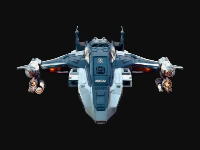 3D model for a futuristic starship with an assorted aray of futurisitic weapons like plasma cannons and missile pods