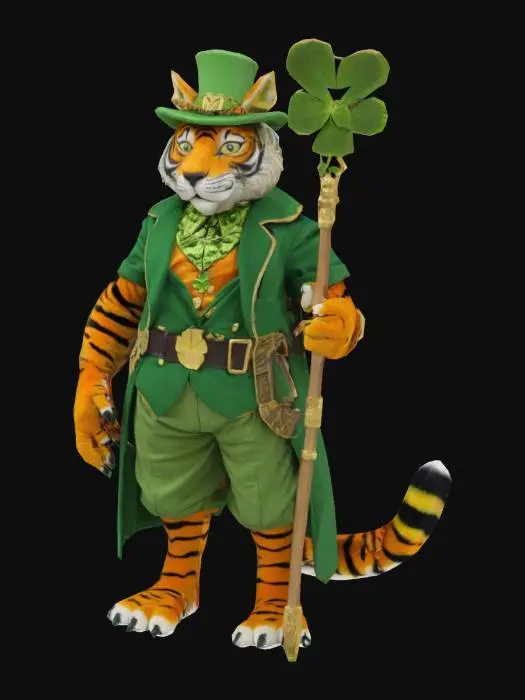 3D model for [Egypt] A surreal hybrid of a leprechaun Ireland and a Tiger — fur-lined uniform draped over a limestone body, holding a four leaf clover-shaped staff #AroundTheWorld#