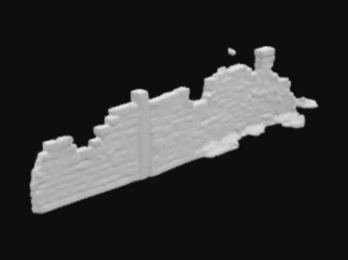 3D model for A long waist high brick wall made of egyptian stone. The wall is 20 feet long and damaged from war. it has some burn marks and a little blood. The wall is damaged and missing bricks. some have fallen over. one end is collapsed.
