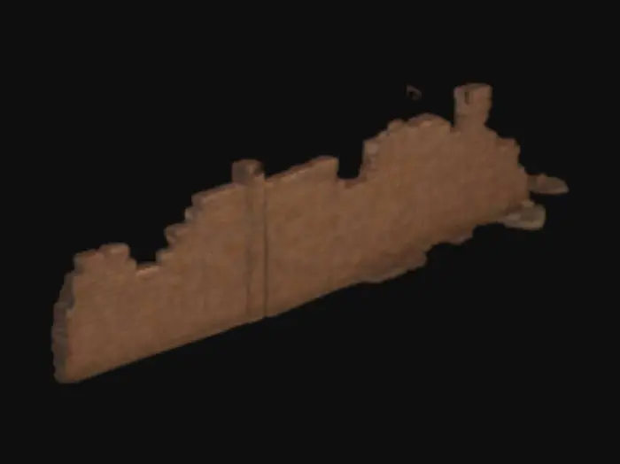 3D model for A long waist high brick wall made of egyptian stone. The wall is 20 feet long and damaged from war. it has some burn marks and a little blood. The wall is damaged and missing bricks. some have fallen over. one end is collapsed.