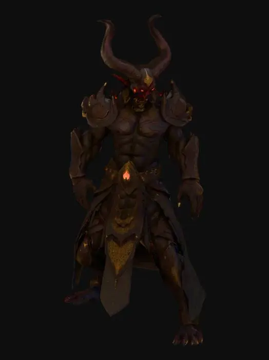 3D model for 
Low-poly 3D model of a terrifying Persian myth-inspired demon warrior, based on ancient Shahnameh legends, extremely muscular, dark crimson skin, massive curved obsidian horns, glowing molten-gold eyes, sharp fangs, cracked skin emitting fiery light, covered in battle scars, wearing 
ancient spiked armor engraved with mystical runes, holding a giant double-bladed axe inspired by Persian war designs, in a dynamic battle-ready stance, no base or ground, game-ready, high-detail textures, cinematic fantasy style.

T-Pose standing ready for rigging