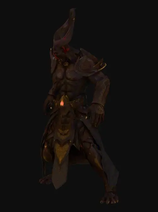 3D model for 
Low-poly 3D model of a terrifying Persian myth-inspired demon warrior, based on ancient Shahnameh legends, extremely muscular, dark crimson skin, massive curved obsidian horns, glowing molten-gold eyes, sharp fangs, cracked skin emitting fiery light, covered in battle scars, wearing 
ancient spiked armor engraved with mystical runes, holding a giant double-bladed axe inspired by Persian war designs, in a dynamic battle-ready stance, no base or ground, game-ready, high-detail textures, cinematic fantasy style.

T-Pose standing ready for rigging
