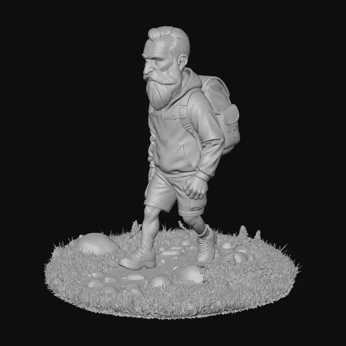 3D model for Man hiking through the mountains. He is wearing shorts and a windbreaker and a backpack.  He has a long well-trimmed gray beard.  He is very wise and has a look of determination.   He is walking through green meadows with flowers and there is snowcapped mountains in the background.