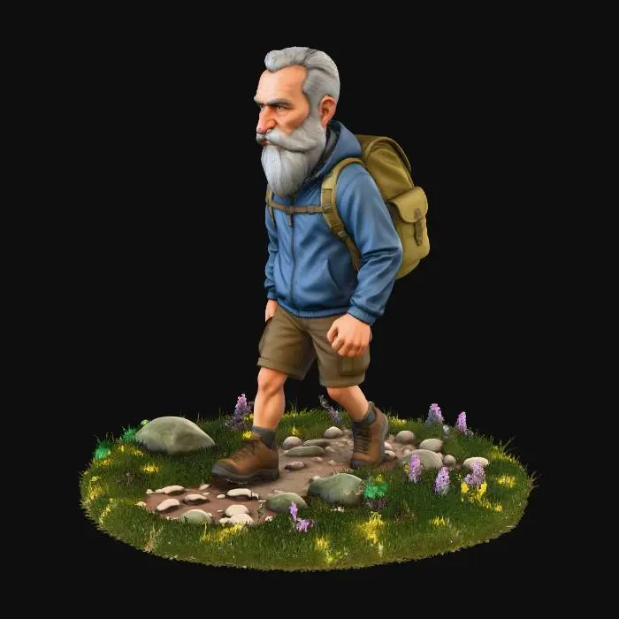 3D model for Man hiking through the mountains. He is wearing shorts and a windbreaker and a backpack.  He has a long well-trimmed gray beard.  He is very wise and has a look of determination.   He is walking through green meadows with flowers and there is snowcapped mountains in the background.