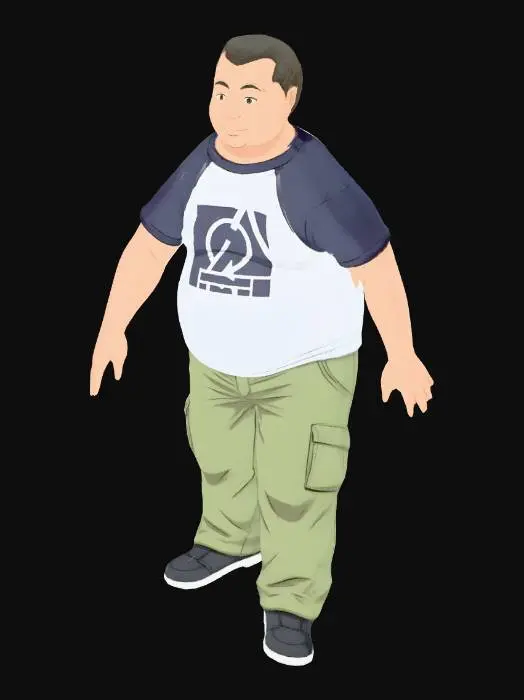 3D model for Tシャツを着ているアジア風の太ったおじさんアニメ調
