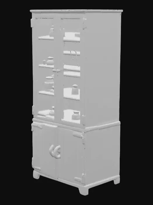3D model for medical storage cabinet from an abandoned hospital, with vials and other medical instruments.
