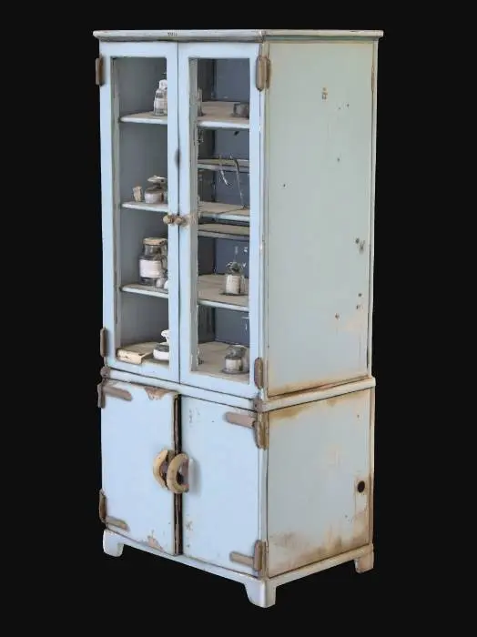 3D model for medical storage cabinet from an abandoned hospital, with vials and other medical instruments.
