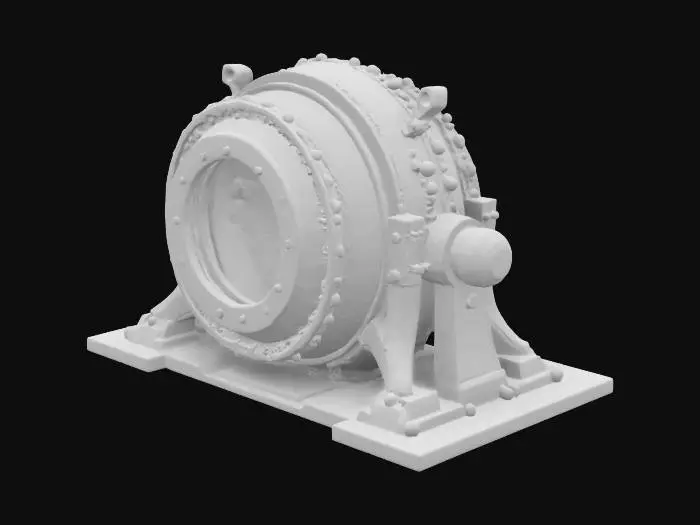 3D model for A surreal alchemical furnace, retro-futuristic design with glowing pink orbs, brass and iron structure, central screen interface, soft ambient lighting, steampunk meets sci-fi aesthetic, mystical energy core.