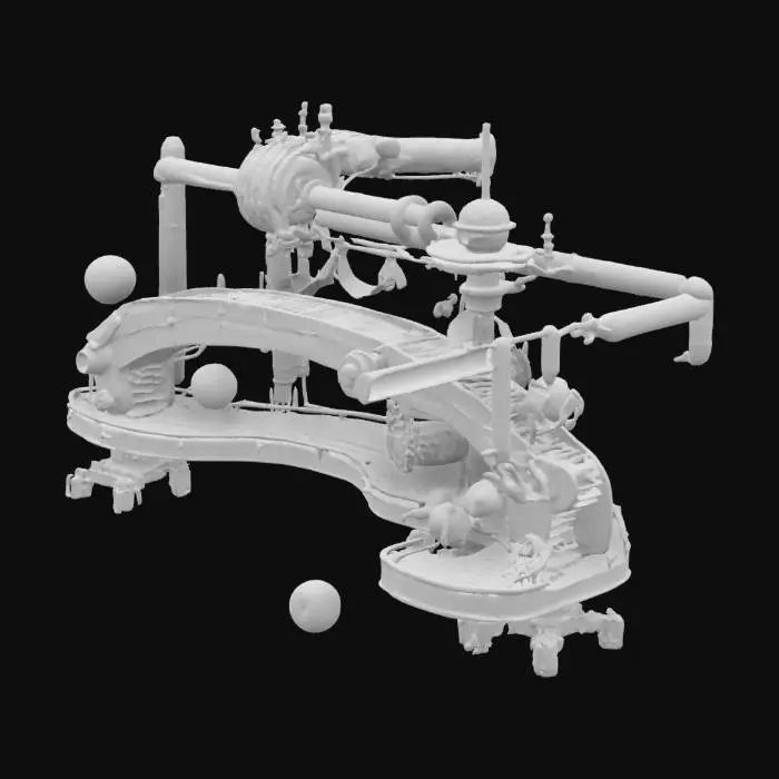 3D model for A steampunk-inspired conveyor belt inside a surreal industrial chamber, made of brass and copper, curving along the floor with mechanical supports and glowing accents. The belt transports glowing orbs of different colors and shapes, symbolizing emotions. The floor is tiled with hexagonal stone patterns, ambient lighting shifts between cool blue and warm orange, surrounded by pipes, gears, and whimsical machinery in a dreamlike factory-theater environment.