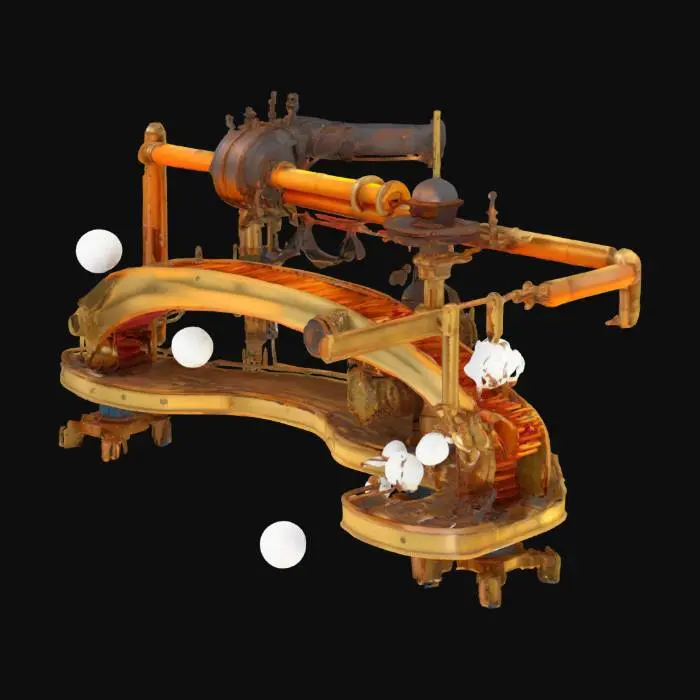 3D model for A steampunk-inspired conveyor belt inside a surreal industrial chamber, made of brass and copper, curving along the floor with mechanical supports and glowing accents. The belt transports glowing orbs of different colors and shapes, symbolizing emotions. The floor is tiled with hexagonal stone patterns, ambient lighting shifts between cool blue and warm orange, surrounded by pipes, gears, and whimsical machinery in a dreamlike factory-theater environment.