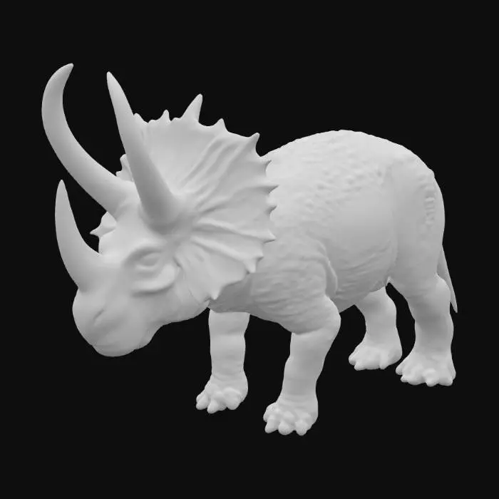 3D model for Crie um modelo 3D hiper-realista de um Triceratops, com texturas detalhadas e aparência realista de pele. As cores predominantes devem ser tons de castanho e cinza, incluindo nuances naturais. O modelo deve ter proporções precisas, detalhes como escamas e rugas, e aparência tridimensional realista