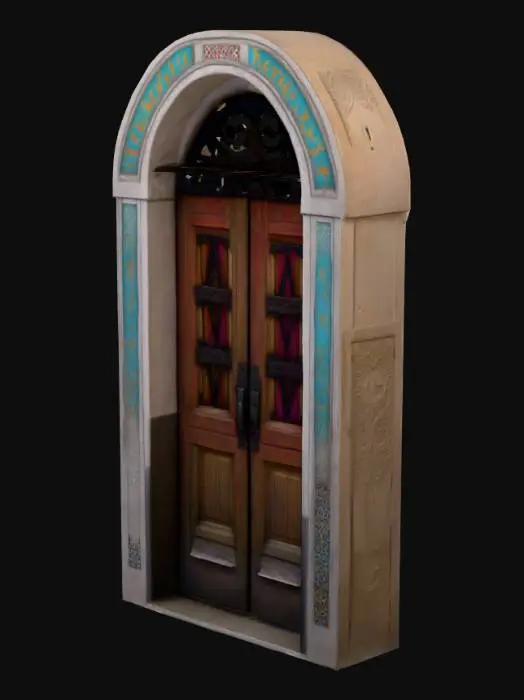 3D model for Create a realistic Tangier-inspired medina house with weathered, imperfect textures. The house features a single rustic wooden door and one window with traditional metal grills. The walls are adorned with colorful, intricate decals and patterns typical of Tangier’s old medina. The architecture includes elements such as textured plaster, aged stone, and slightly uneven surfaces to emphasize authenticity and imperfection. The overall scene captures the vibrant, lived-in charm of a historic North African medina.