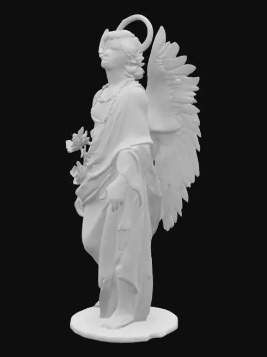 3D model for Hypnos as a youthful male with closed eyes and serene expression, head slightly tilted in rest
   - Curved opium poppies (3-4 stems) framing his shoulders
   - Feathered wings emerging from temples (simplified geometric feathers)
   - Horn of sleep (rhyton) cradled in one arm, dripping abstract sleep droplets
   - Functional metal ring slot integrated into wing tip (4mm diameter)
   - Flat/textured backplate for engraving customization
   - Total height: 45mm (1.77")
   - Max thickness: 3.5mm (0.14")
   - Rounded edges (no sharp points)
   - Unified geometry (no separate parts)  Geometric low-poly meets Hellenistic sculpture. 70% realism, 30% stylized abstraction with sleep wave patterns on robe Emphasize sleep motifs in hair  and draped robe with texture resembling folded fabric