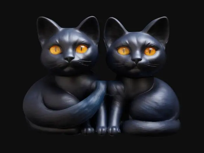 3D model for Envision a pair of sleek cats, their velvety fur and luminous eyes locked in a silent promise of companionship, with tails intertwining in a graceful display of intimacy.