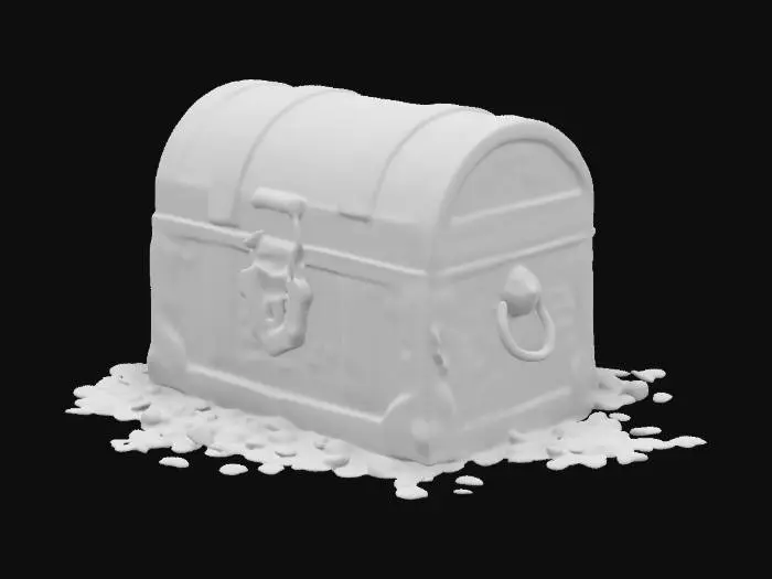 3D model for hidden treasure chest locked with intricate mechanisms, surrounded by cobwebs