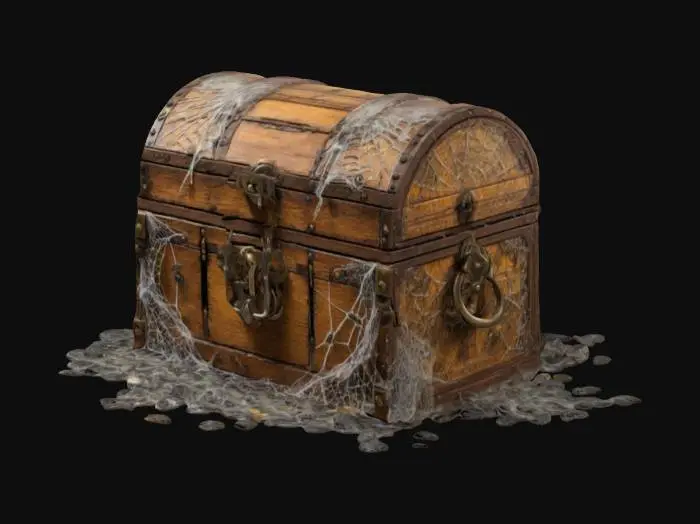 3D model for hidden treasure chest locked with intricate mechanisms, surrounded by cobwebs