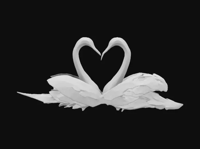 3D model for romantic scene of two swans forming a heart shape with their necks on a serene lake at sunset, soft pink and golden hues reflecting on the water