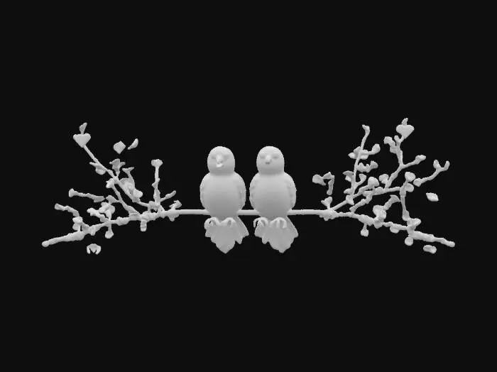 3D model for a pair of lovebirds perched on a blossoming tree branch, exchanging gentle nuzzles as tiny heart-shaped petals float in the air