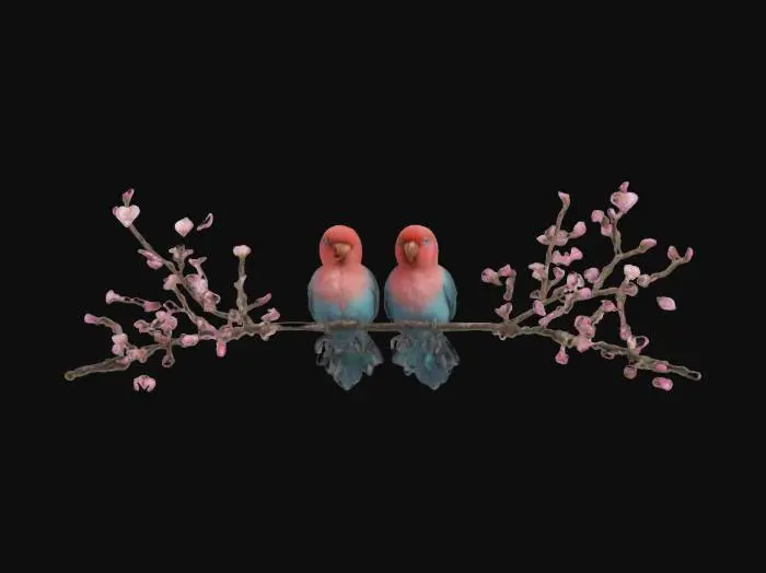 3D model for a pair of lovebirds perched on a blossoming tree branch, exchanging gentle nuzzles as tiny heart-shaped petals float in the air