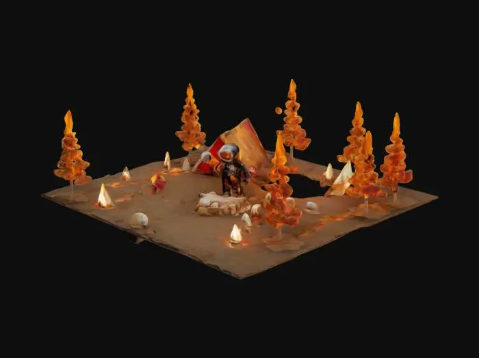 3D model for #valentine#, A tiny deep-sea diver explores the A group of tiny campers roast marshmallows over a flaming crème brûlée, their tents pitched on a graham cracker landscape., #valentine#
