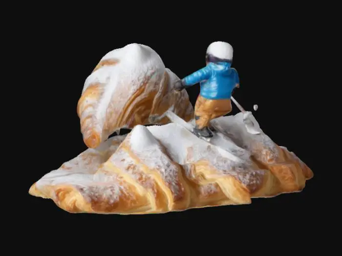 3D model for A tiny skier glides down a powdered sugar-covered croissant, turning the pastry into a thrilling snowy mountain slope.