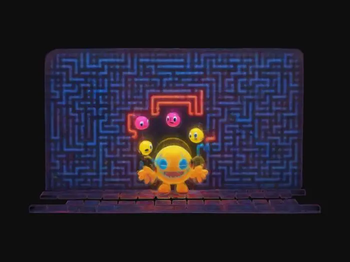 3D model for pacman, a bright yellow, circular character with a wide open mouth, moves through a dark maze filled with small glowing dots. four colorful ghost enemies—red, pink, blue, and orange—chase pacman through the maze. the walls of the maze are outlined in neon blue, creating a retro arcade aesthetic., #game figure#