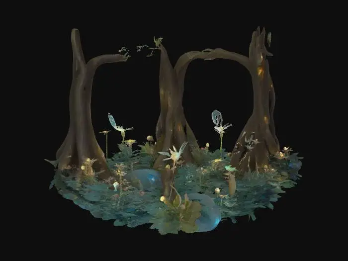 3D model for fantasy woodland glowing with bioluminescent plants, tiny fairies with translucent wings tending to delicate flowers, soft golden light filtering through ancient trees, #fairy#