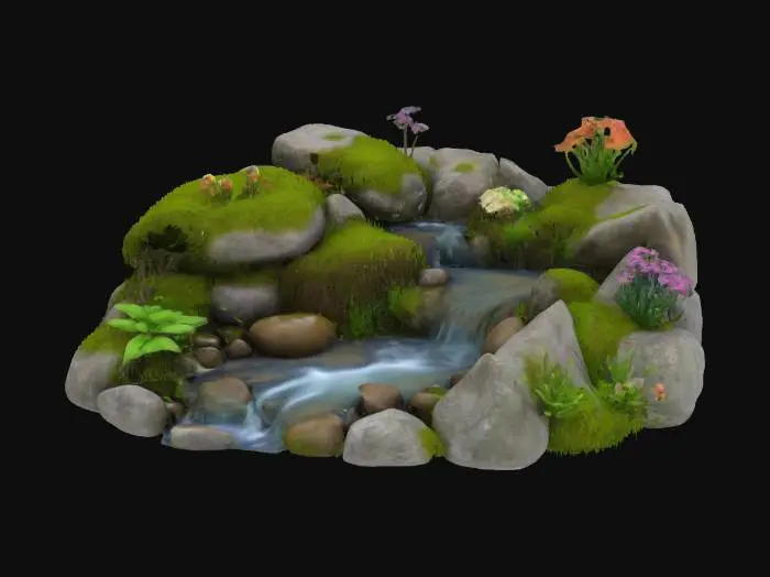 3D model for  a small spring brook flowing through a wooded forest, #garden#