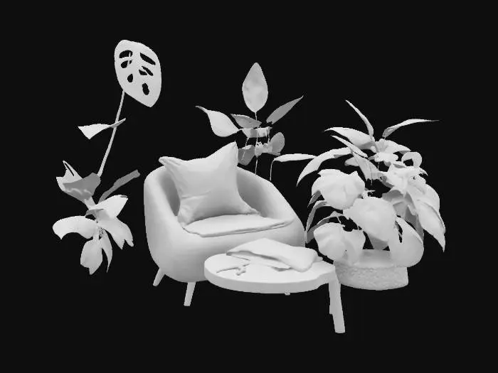 3D model for  a cozy spring reading nook with plants and soft sunlight, #garden#