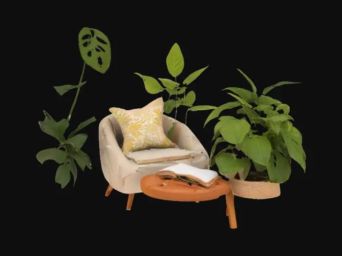 3D model for  a cozy spring reading nook with plants and soft sunlight, #garden#