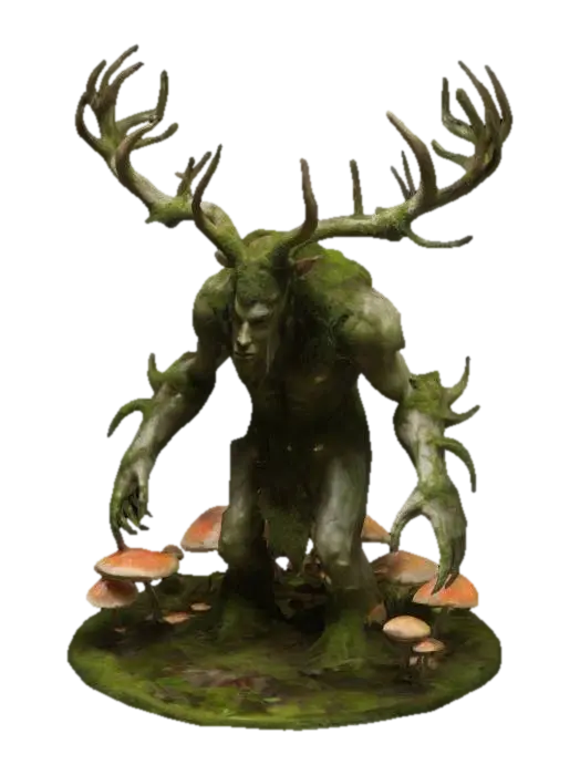 A mythical forest guardian with a humanoid shape, antlers adorned with moss, and… - Bark 3D model, vytvořený pomocí AI