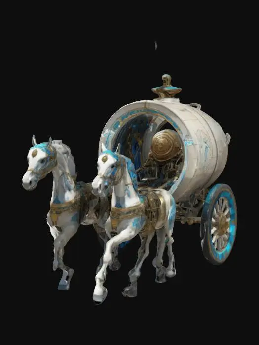 3D model for A chariot pulled by mechanical, cybernetic horses, its wheels designed from ancient Greek ceramics fused with anti-gravity tech, making it float above the battlefield with ease., #ChronoForgeWeapon#