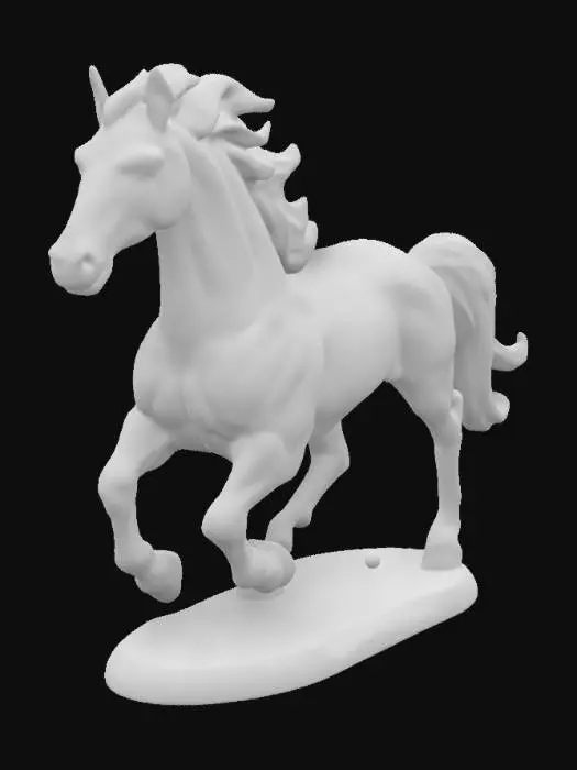 3D model for Stylized wood sculpture of a galloping horse with flowing mane and defined muscles, rendered in smooth carved lines and natural wood textures.