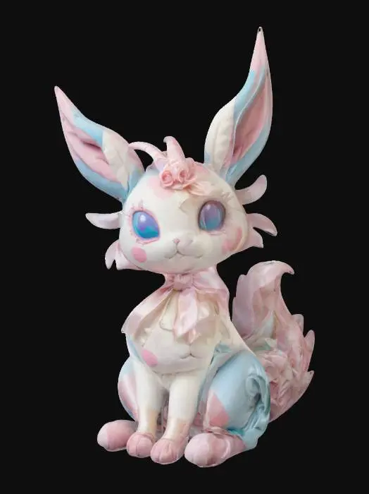 3D model for a beautifully detailed sylveon curled up on a velvet cushion in a victorian-style room, surrounded by delicate pastel-colored ribbons