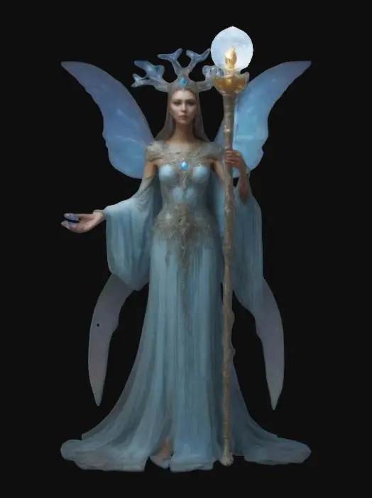 3D model for a fae queen holding a scepter made of moonlight, ruling over her mystical court, #women#