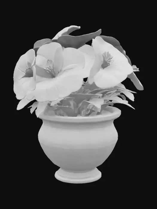 3D model for a ceramic planter with blooming petunias on a porch , #garden#