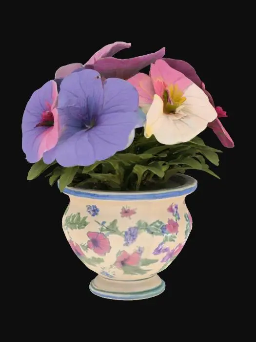 3D model for a ceramic planter with blooming petunias on a porch , #garden#
