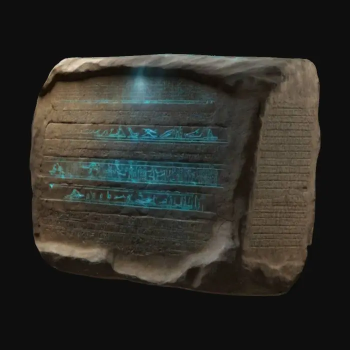 3D model for A stone tablet from ancient Mesopotamia, fused with a holographic interface, displaying digital timelines etched in cuneiform alongside interactive 3D models of history., #ChronoForgeWeapon#