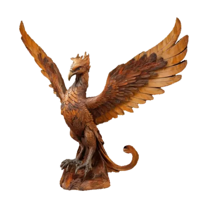 Highly detailed wooden sculpture of a mythical phoenix with layered feather carvings, glowing… 的 AI 生成 3D 模型