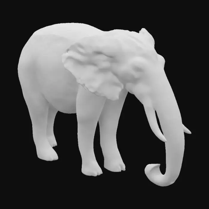 3D model for A mosaic of a serene elephant in a lush savanna, using tiles in muted grays and browns to detail the elephant’s massive form, with bright greens and yellows forming the foliage around it. The elephant’s wrinkled skin is represented by varying textures and tones, while distant trees and the sky are subtly portrayed with soft, blended colors.