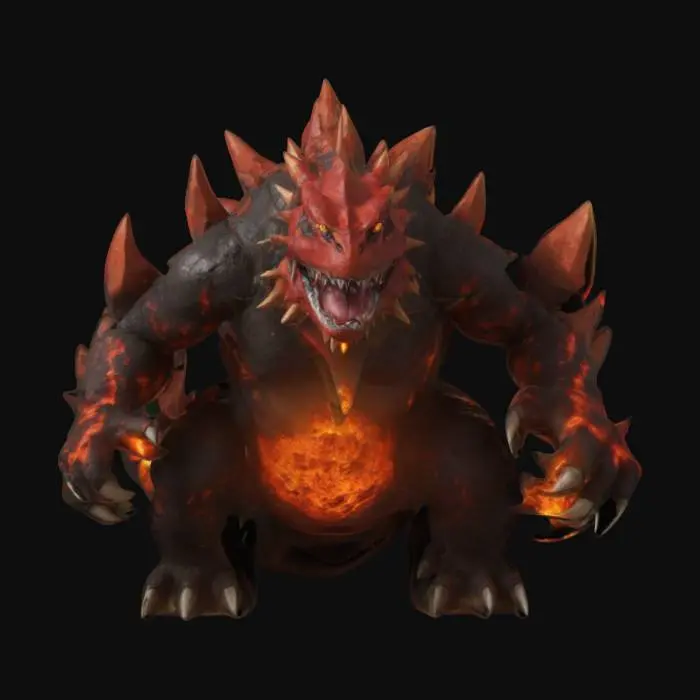 3D model for a primal groudon emerging from a volcanic crater, molten lava flowing around its massive, armored body